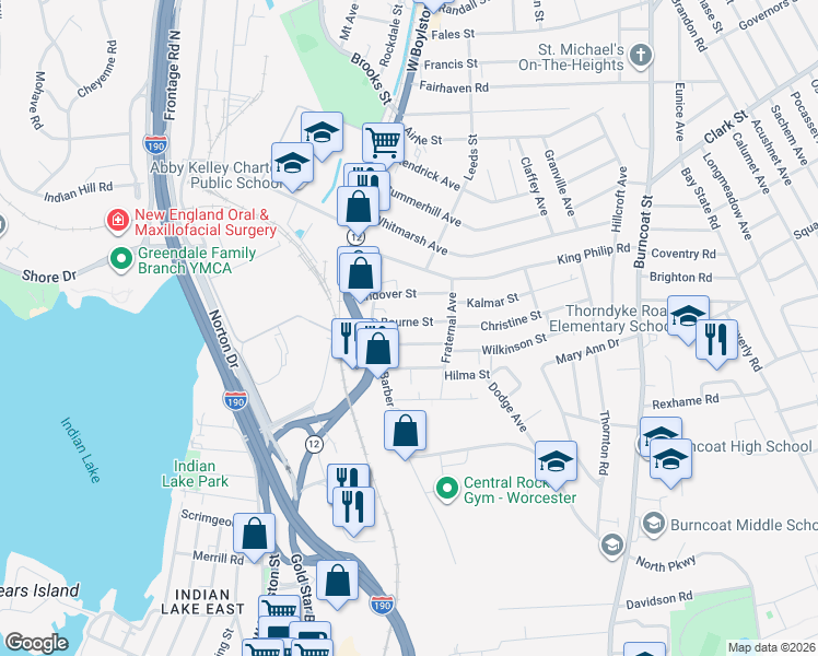 map of restaurants, bars, coffee shops, grocery stores, and more near 12 Bourne Street in Worcester