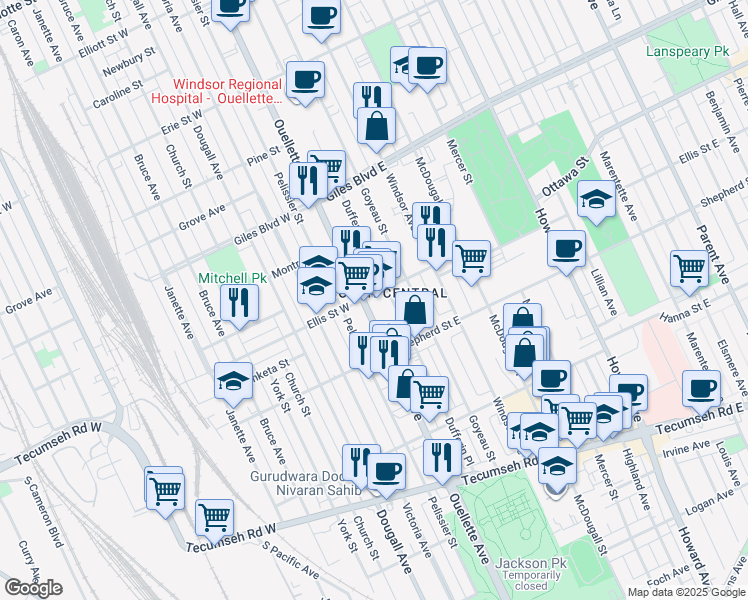 map of restaurants, bars, coffee shops, grocery stores, and more near 1400 Ouellette Avenue in Windsor