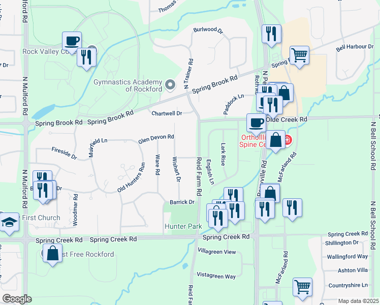 map of restaurants, bars, coffee shops, grocery stores, and more near 6693 Heather Lane in Rockford
