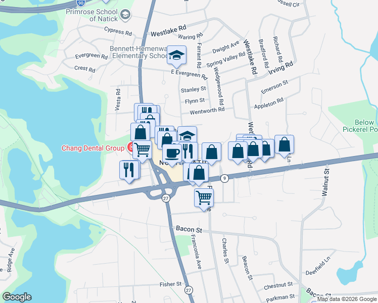 map of restaurants, bars, coffee shops, grocery stores, and more near 841 Worcester Road in Natick