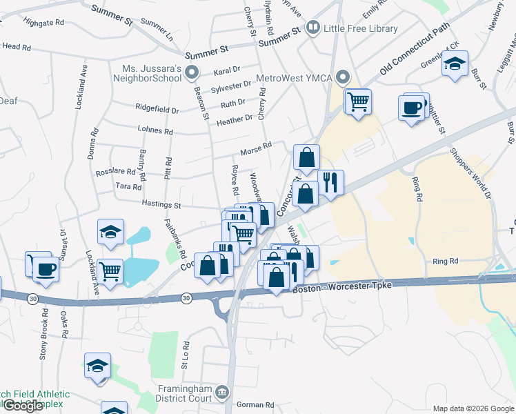 map of restaurants, bars, coffee shops, grocery stores, and more near 20 Old Connecticut Path in Framingham