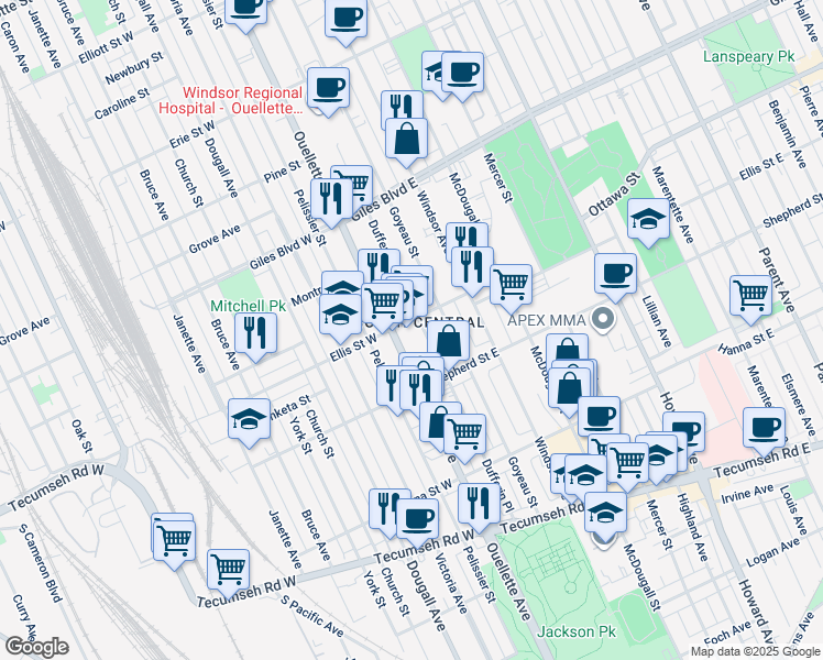 map of restaurants, bars, coffee shops, grocery stores, and more near 1462 Ouellette Avenue in Windsor