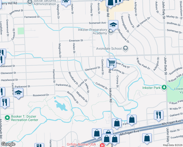 map of restaurants, bars, coffee shops, grocery stores, and more near 1357 Colonial Drive in Inkster