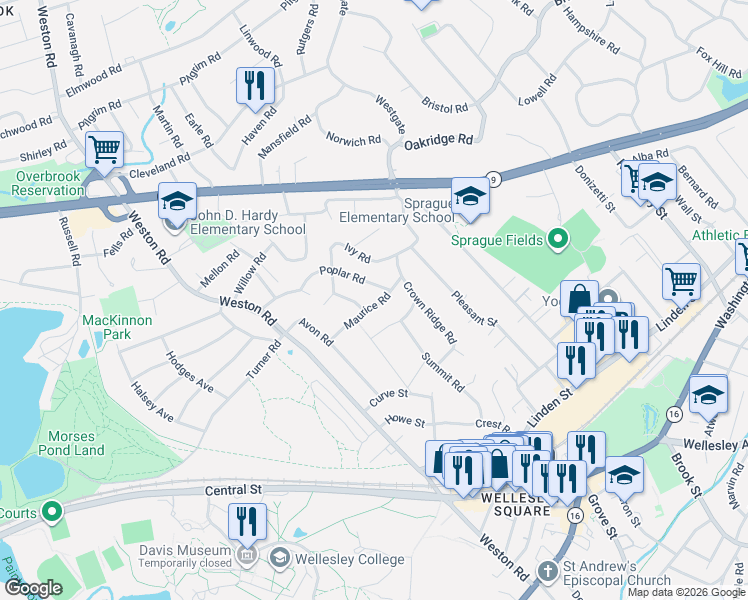 map of restaurants, bars, coffee shops, grocery stores, and more near 17 Maurice Road in Wellesley