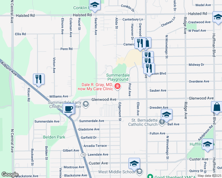 map of restaurants, bars, coffee shops, grocery stores, and more near 2837 Glenwood Avenue in Rockford
