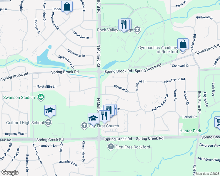 map of restaurants, bars, coffee shops, grocery stores, and more near 6059 Fireside Drive in Rockford