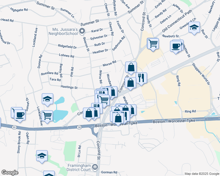 map of restaurants, bars, coffee shops, grocery stores, and more near 20 Old Connecticut Path in Framingham