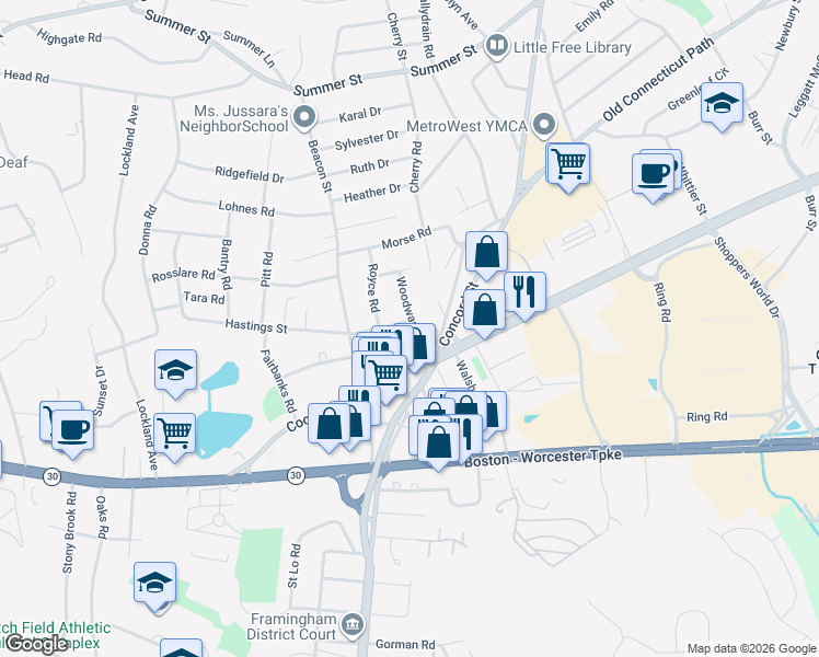 map of restaurants, bars, coffee shops, grocery stores, and more near 20 Old Connecticut Path in Framingham
