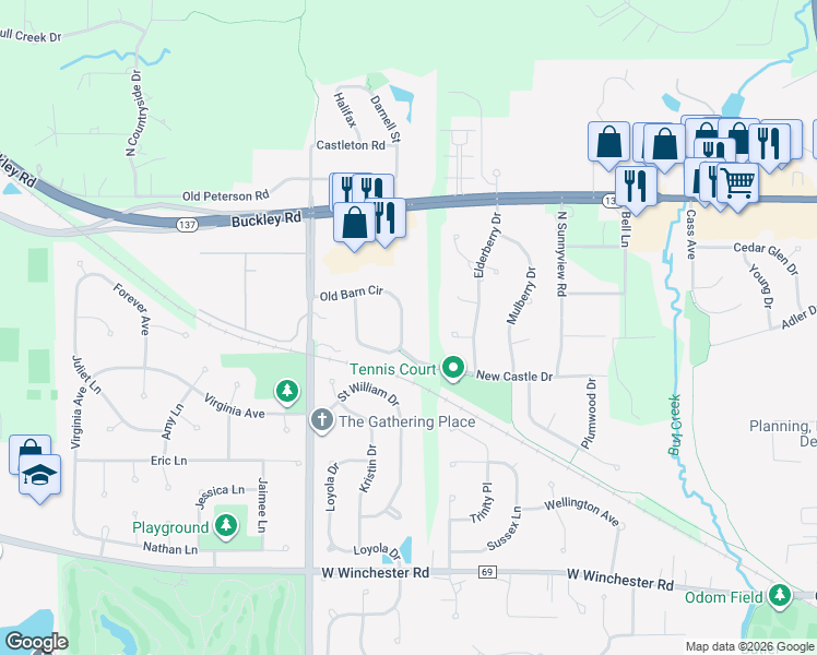 map of restaurants, bars, coffee shops, grocery stores, and more near 1600 Old Barn Circle in Libertyville