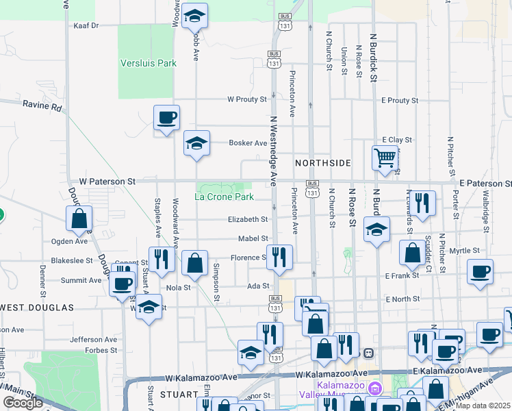 map of restaurants, bars, coffee shops, grocery stores, and more near 525 West Paterson Street in Kalamazoo