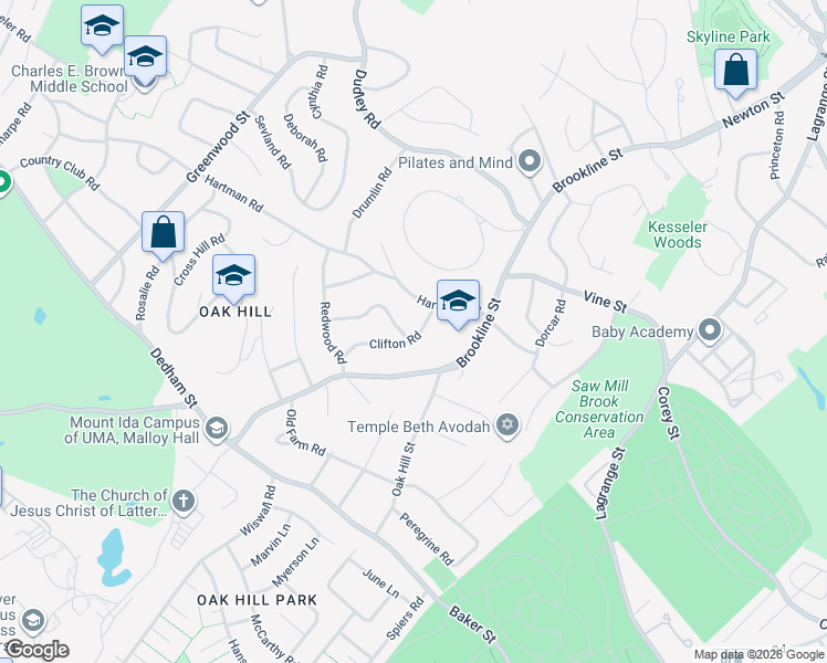 map of restaurants, bars, coffee shops, grocery stores, and more near 303 Hartman Road in Newton
