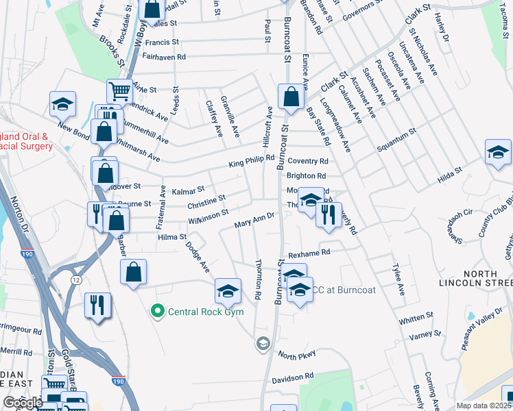 map of restaurants, bars, coffee shops, grocery stores, and more near 112 Christine Street in Worcester