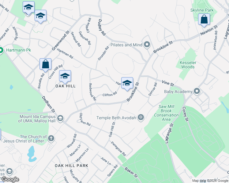 map of restaurants, bars, coffee shops, grocery stores, and more near 303 Hartman Road in Newton