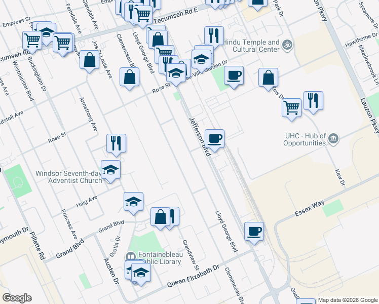 map of restaurants, bars, coffee shops, grocery stores, and more near Lloyd George Boulevard in Windsor