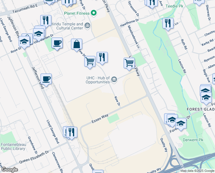 map of restaurants, bars, coffee shops, grocery stores, and more near 6777 Cantelon Drive in Windsor