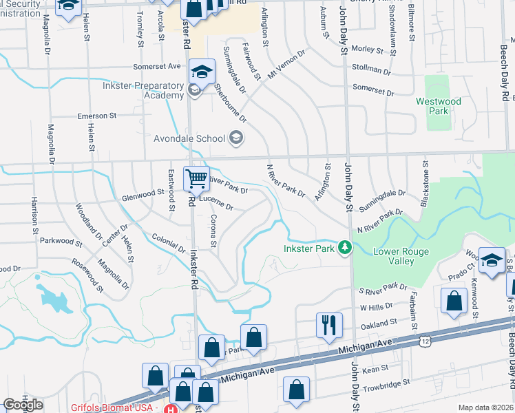 map of restaurants, bars, coffee shops, grocery stores, and more near 1250 West River Park Drive in Inkster