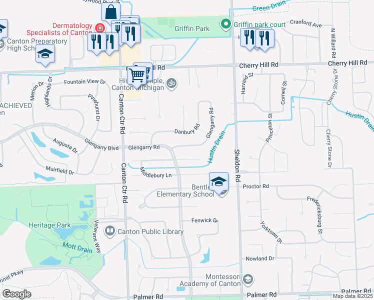 map of restaurants, bars, coffee shops, grocery stores, and more near 45050 Glengarry Road in Canton