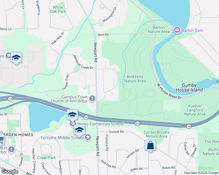map of restaurants, bars, coffee shops, grocery stores, and more near 2154 Spruceway Lane in Ann Arbor