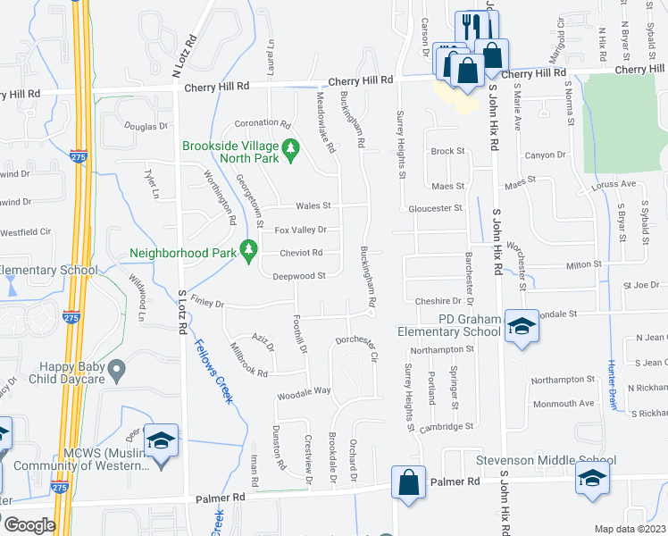 map of restaurants, bars, coffee shops, grocery stores, and more near 39718 Deepwood Street in Canton