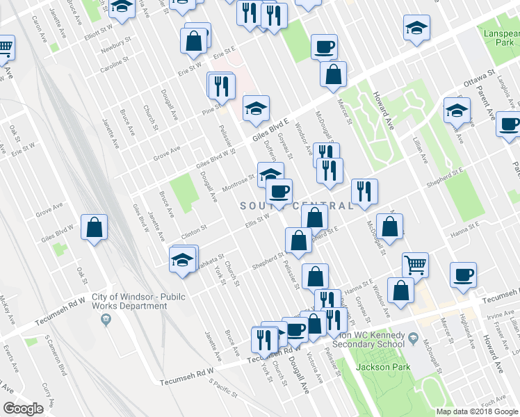 map of restaurants, bars, coffee shops, grocery stores, and more near 1331 Pelissier St in Windsor