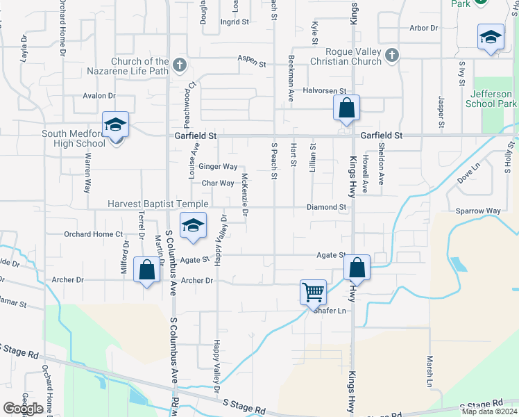 map of restaurants, bars, coffee shops, grocery stores, and more near 1878 South Peach Street in Medford