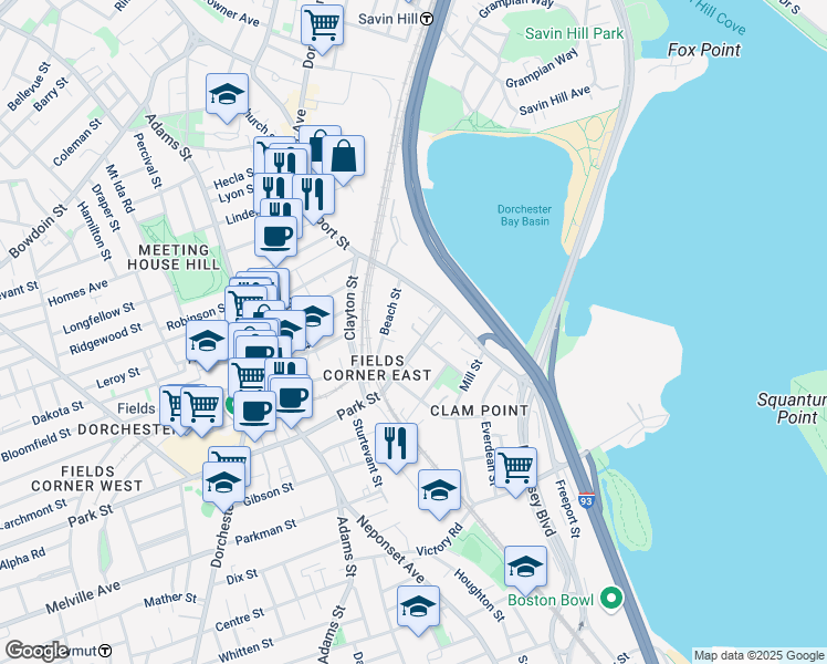 map of restaurants, bars, coffee shops, grocery stores, and more near 229-233 Freeport Street in Boston