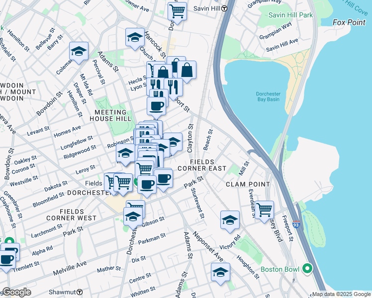 map of restaurants, bars, coffee shops, grocery stores, and more near 80 Granger Street in Boston