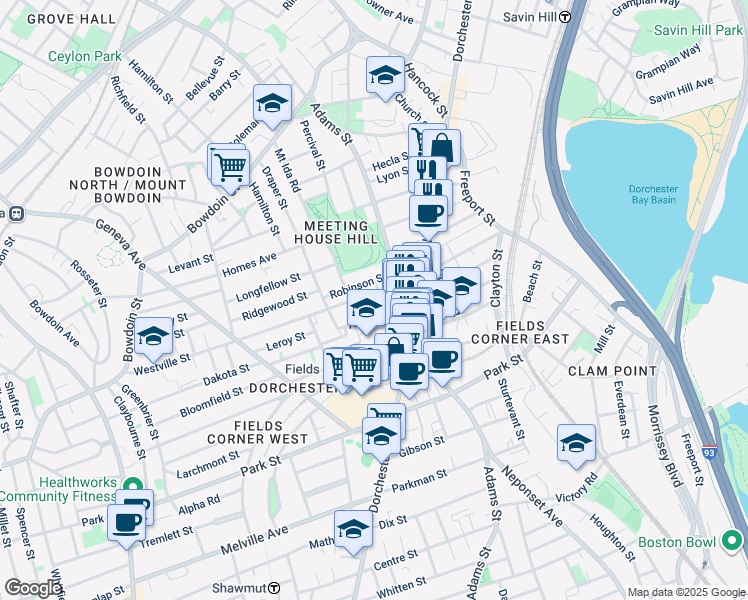 map of restaurants, bars, coffee shops, grocery stores, and more near 3 Robinson Street in Boston