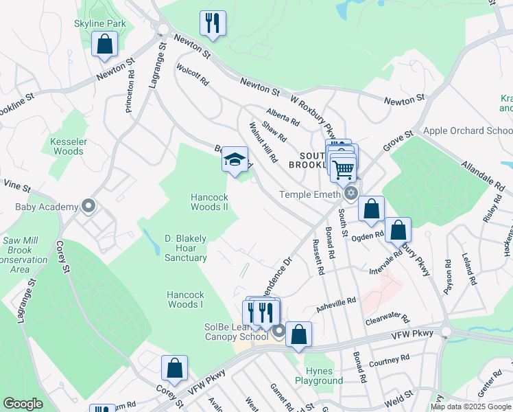 map of restaurants, bars, coffee shops, grocery stores, and more near 220 Beverly Road in Brookline