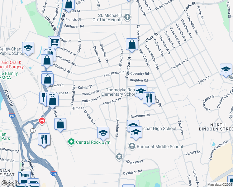 map of restaurants, bars, coffee shops, grocery stores, and more near 112 Christine Street in Worcester