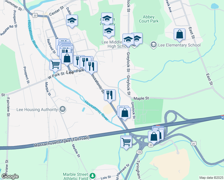 map of restaurants, bars, coffee shops, grocery stores, and more near 123-133 Maple Street in Lee