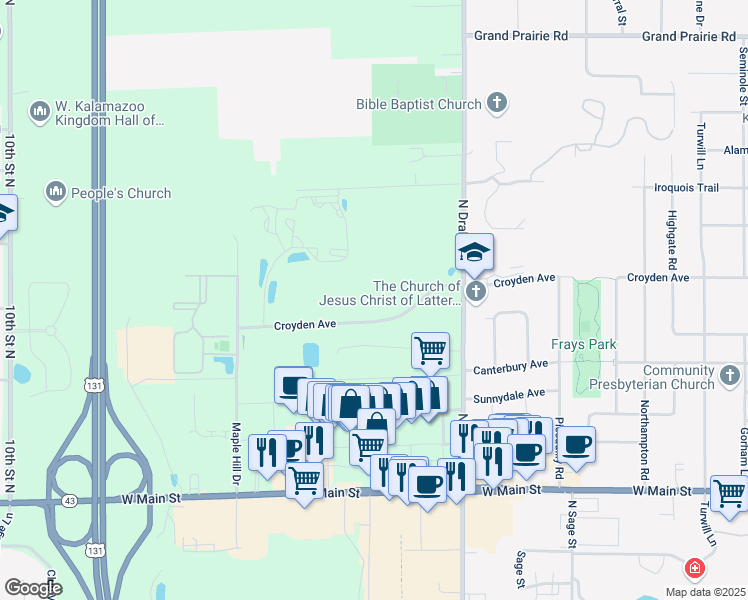 map of restaurants, bars, coffee shops, grocery stores, and more near 5200 Croyden Avenue in Kalamazoo
