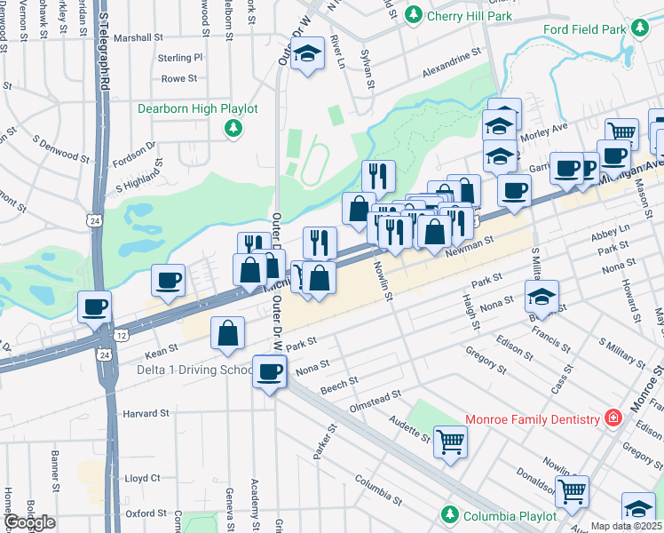 map of restaurants, bars, coffee shops, grocery stores, and more near 23153 Michigan Avenue in Dearborn