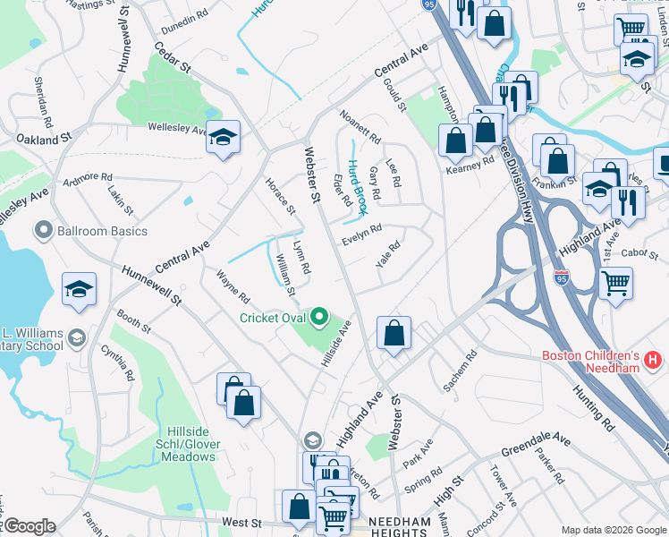 map of restaurants, bars, coffee shops, grocery stores, and more near 139 Webster Street in Needham