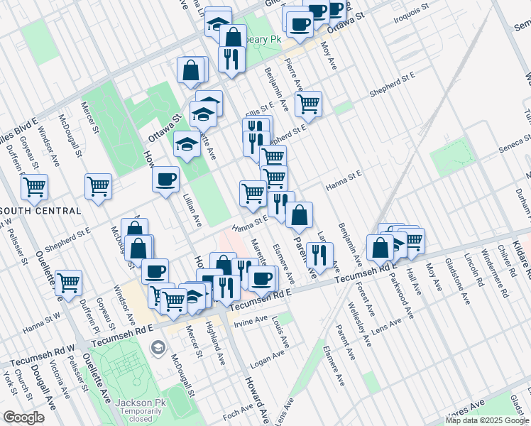 map of restaurants, bars, coffee shops, grocery stores, and more near in Windsor