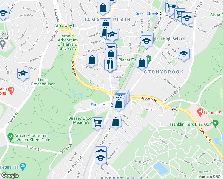 map of restaurants, bars, coffee shops, grocery stores, and more near South St & St Mark St in Boston
