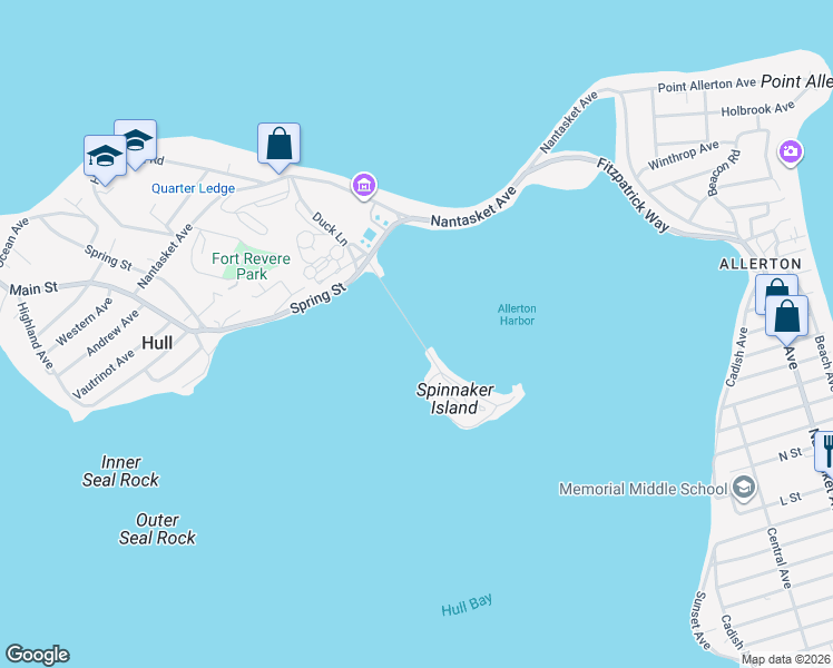 map of restaurants, bars, coffee shops, grocery stores, and more near Spinnaker Island Causeway in Hull