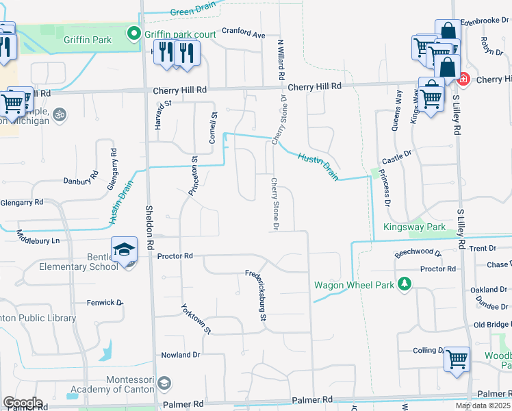 map of restaurants, bars, coffee shops, grocery stores, and more near 654 Cherry Grove Road in Canton