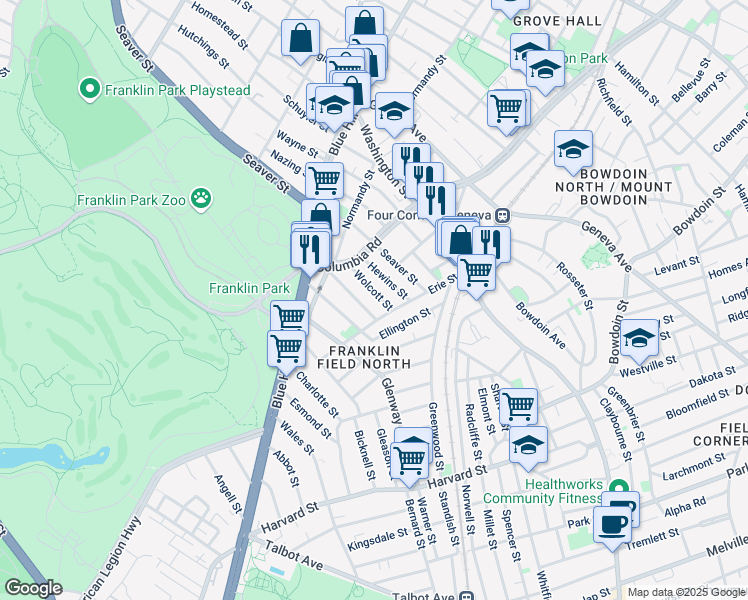 map of restaurants, bars, coffee shops, grocery stores, and more near 21 Hewins Street in Boston