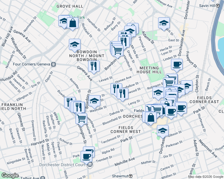 map of restaurants, bars, coffee shops, grocery stores, and more near 63 Homes Avenue in Boston