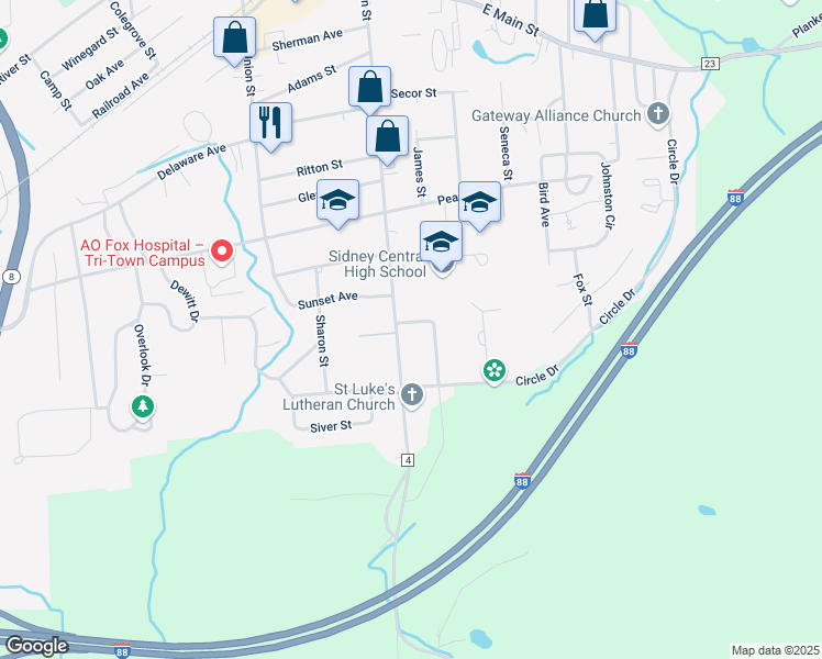map of restaurants, bars, coffee shops, grocery stores, and more near 107-109 W Main St in Sidney