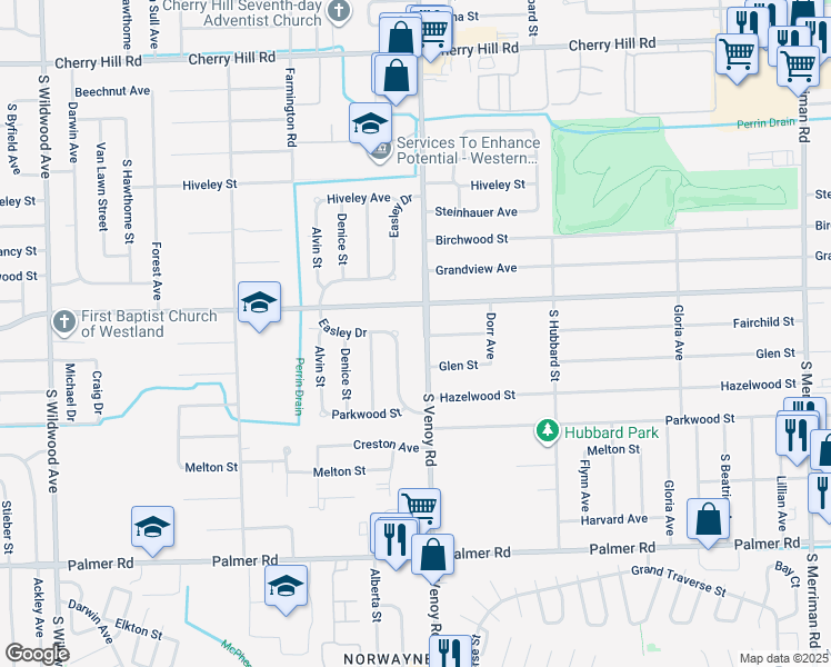 map of restaurants, bars, coffee shops, grocery stores, and more near 1088 South Venoy Road in Westland