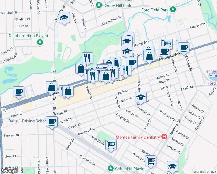 map of restaurants, bars, coffee shops, grocery stores, and more near 22731 Michigan Avenue in Dearborn
