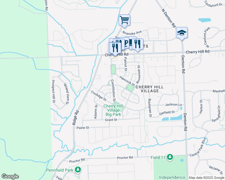 map of restaurants, bars, coffee shops, grocery stores, and more near 50413 Monroe Street in Wayne County