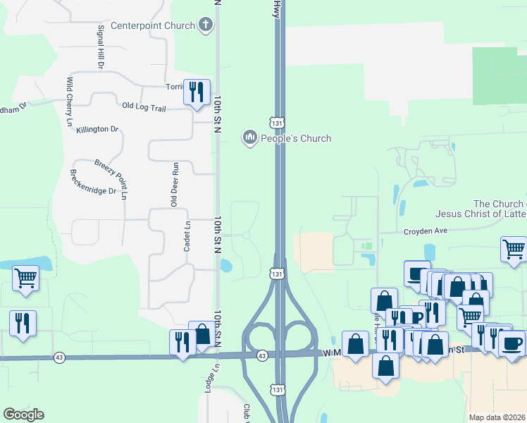 map of restaurants, bars, coffee shops, grocery stores, and more near 1582 North Village Circle in Kalamazoo