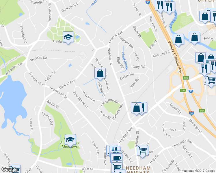 map of restaurants, bars, coffee shops, grocery stores, and more near 29 Lynn Road in Needham