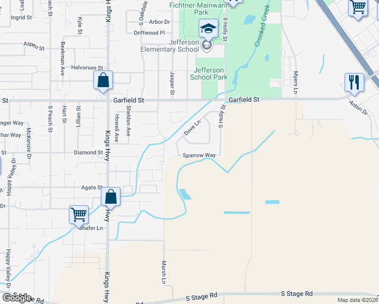 map of restaurants, bars, coffee shops, grocery stores, and more near 299 Peebler Way in Medford