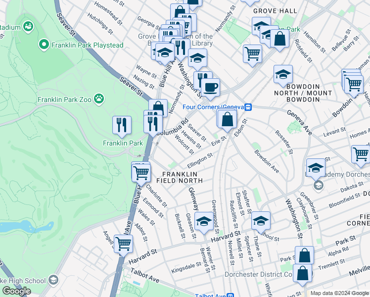 map of restaurants, bars, coffee shops, grocery stores, and more near 21 Hewins Street in Boston