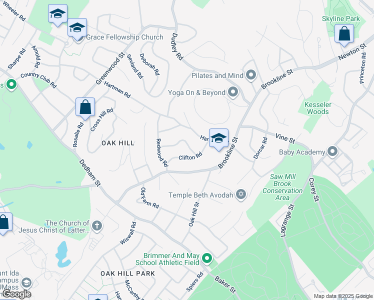 map of restaurants, bars, coffee shops, grocery stores, and more near 45 Westgate Road in Newton