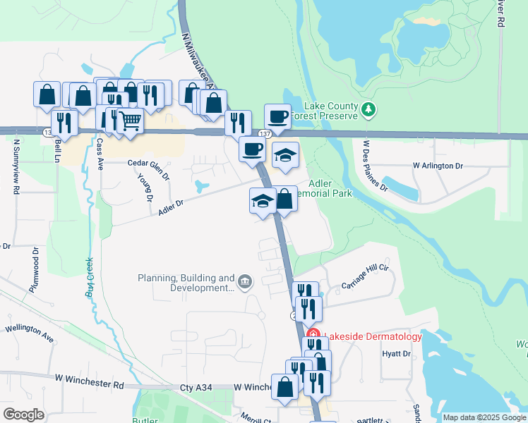 map of restaurants, bars, coffee shops, grocery stores, and more near 1641 North Milwaukee Avenue in Libertyville